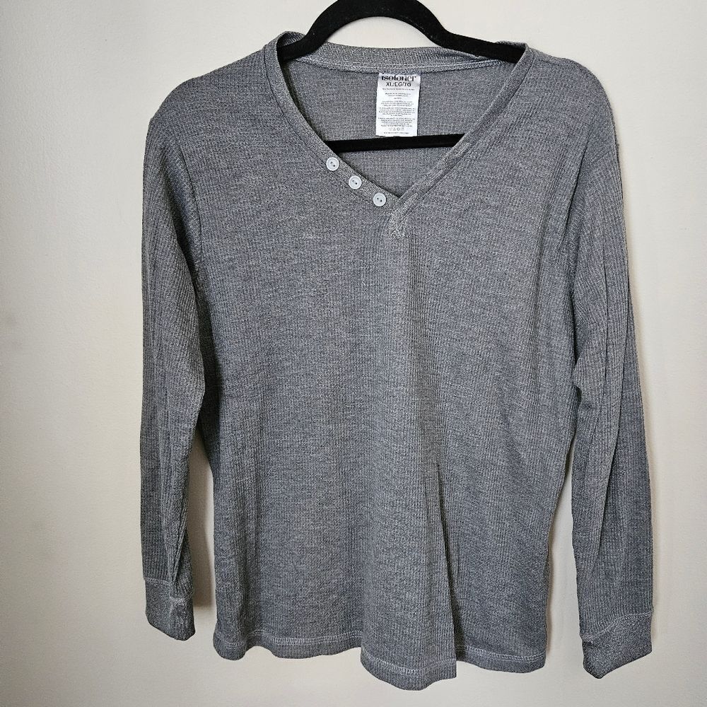 Isotoner Top Long Sleeve Thermal Gray Henley V-Neck Casual Neutral